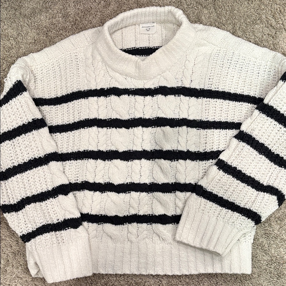 abercrombie kids Cream Cable-Knit Cowl Sweater with Black Stripes